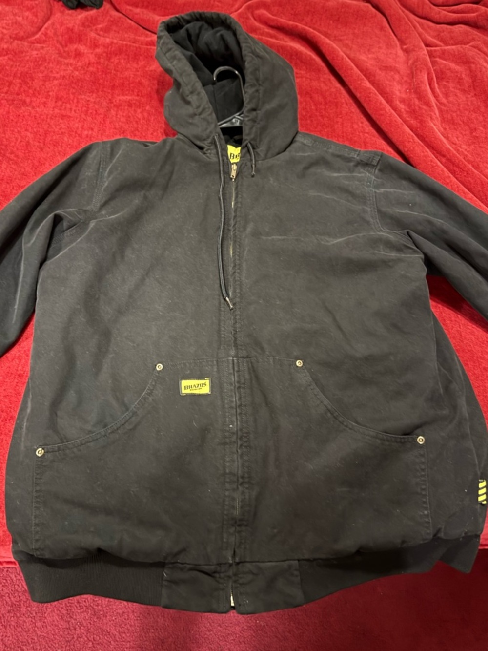 Brazos Black Hooded Work Jacket with Yellow Logo Patch
